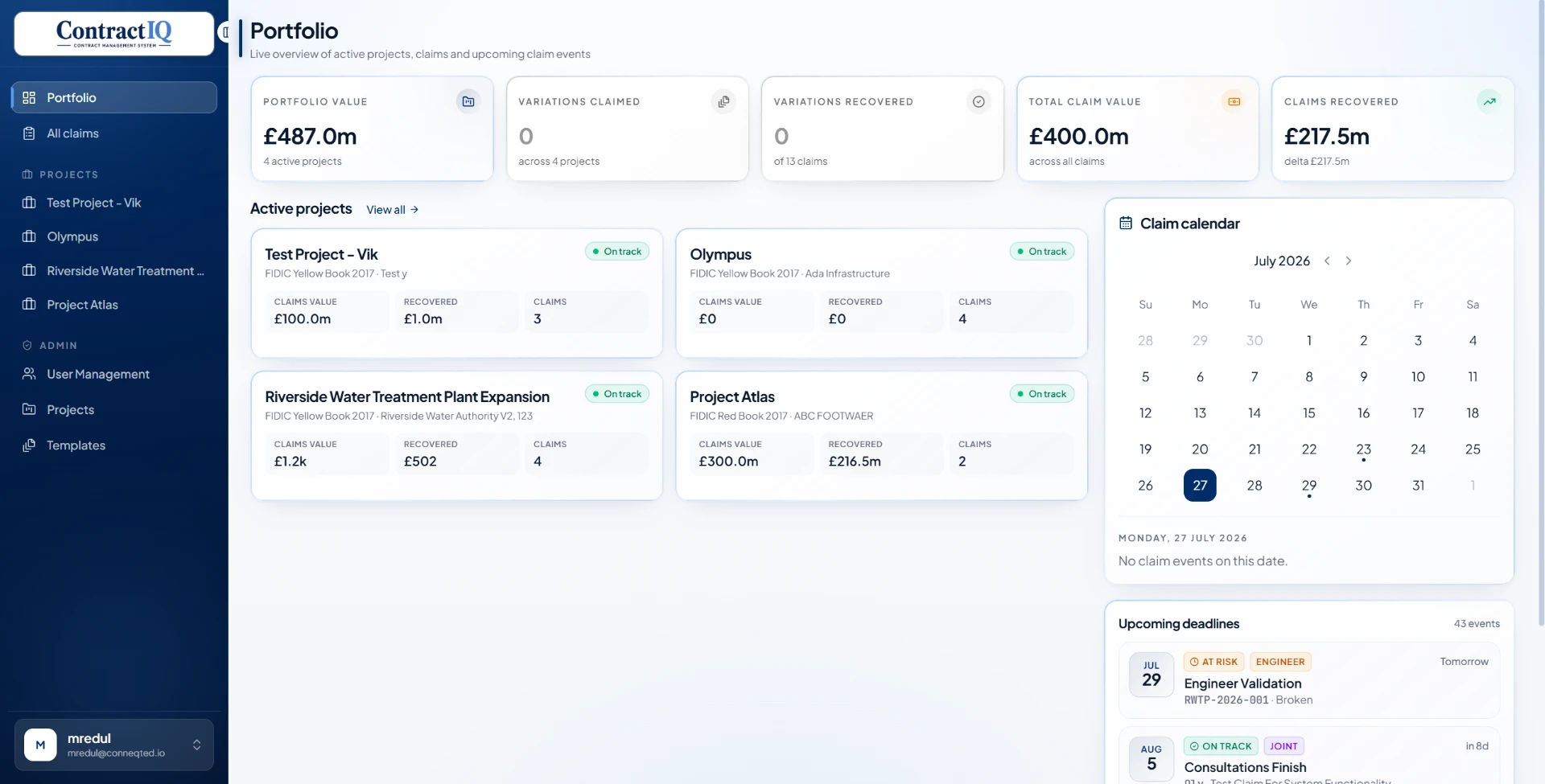 Portfolio dashboard showing portfolio value, recovery and the claim calendar
