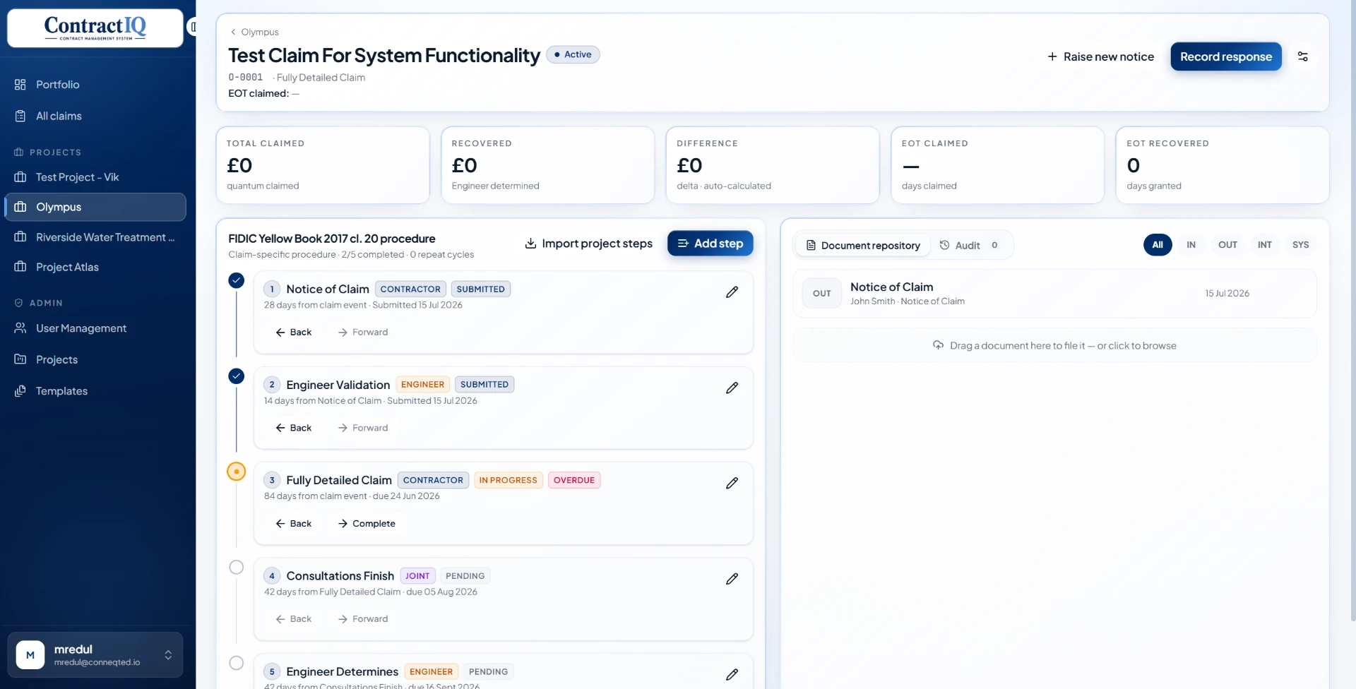 Claim detail view with the FIDIC clause 20 procedure, step statuses and document repository
