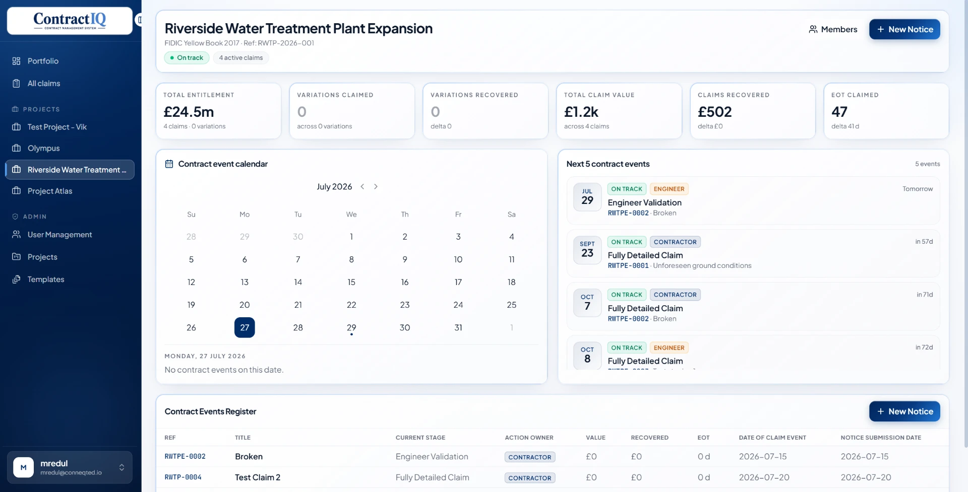 Project dashboard listing the contract events register and upcoming contract events